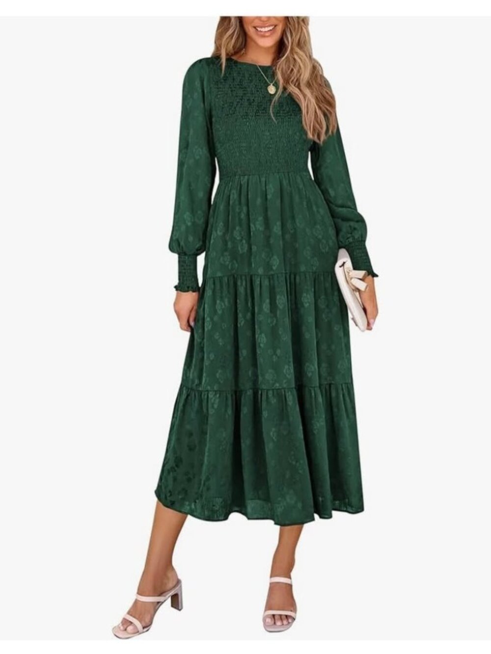 NWT Dark Green Smocked Tiered Long Sleeve Midi Dress sz S